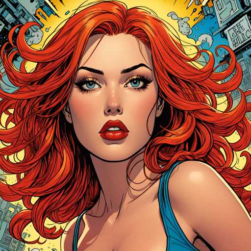 The image depicts an orange-haired woman with striking blue eyes and a vibrant red lipstick. She is wearing a blue tank top that contrasts with her fiery hair color. The background features a cityscape filled with buildings of various sizes and colors, creating a dynamic urban setting.