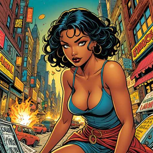 A stylish, close-up illustration of a woman with curly blue hair and dark skin, wearing a teal tank top and red skirt, looking directly at the viewer. She's seated in a bustling city street scene with vibrant neon signs and a small fire on the left side of the image. The overall style is reminiscent of comic book art, with bold lines and a dynamic composition.
