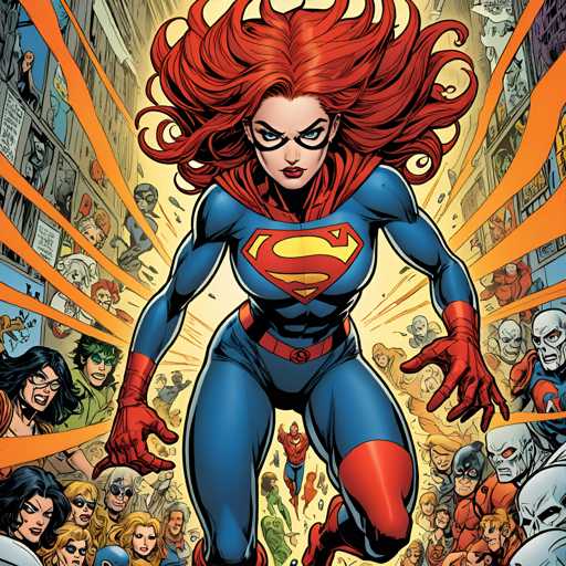 The image depicts a woman with red hair and blue skin wearing a blue and gold suit of armor, standing on her hind legs and holding a shield. The background is filled with other characters from comic books or movies, including Spiderman and Batman.