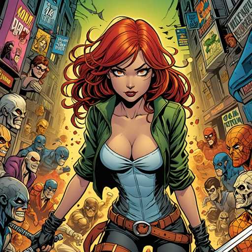 The image depicts a woman with red hair and a green jacket standing in the center of a bustling city scene. Surrounding her is a group of people, including a man dressed as Spiderman and another person wearing a mask. The background features buildings and signs, suggesting an urban setting.
