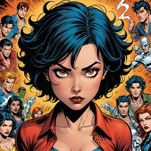 A close-up, high-angle portrait of Supergirl from the DC Comics universe. She is positioned in the center of the frame, her gaze directed directly at the viewer with a determined expression. Her dark blue hair is styled in a voluminous, curly fashion, framing her face with defined strands. She has striking orange eyes and fair skin, accentuated by subtle freckles across her cheeks. 

She is wearing a bright orange jacket over a blue shirt, with the collar open and a few buttons visible. Her expression is intense and focused, conveying confidence and strength. 

The background features a dynamic explosion of yellow energy radiating outwards from behind her, with various other DC Comics heroes and villains surrounding her in a circular arrangement. These figures are rendered in a comic book style, with bold lines and vibrant colors. The overall composition is dramatic and energetic, emphasizing Supergirl's central role in the scene.