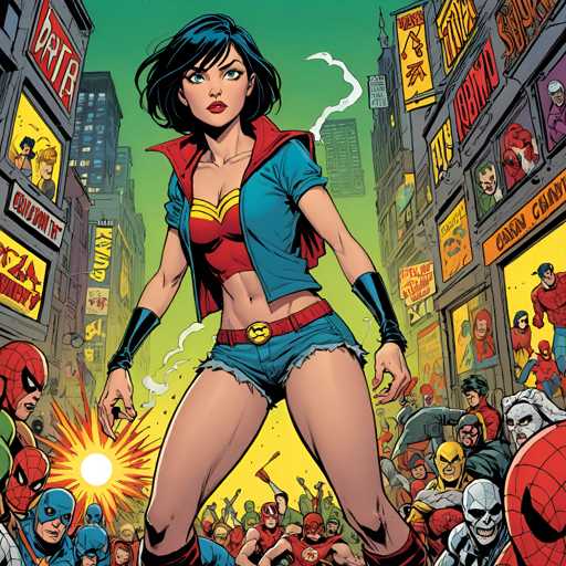 The image depicts a woman dressed as Wonder Woman standing in front of a group of people wearing Spiderman costumes and holding a shield. The background shows the cityscape with buildings and signs, suggesting an urban setting.