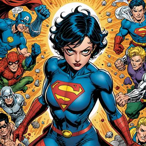 A dynamic, comic-book style illustration of Supergirl surrounded by a group of other superheroes. The central focus is on Supergirl, positioned in the foreground with a determined expression and clenched fists. She's wearing her iconic blue suit with a red and yellow "S" shield, and has dark curly hair. 

The background is filled with a burst of golden energy radiating outwards, suggesting a powerful force or explosion. Surrounding Supergirl are several other superheroes in various poses: Superman, Spider-Man, Batman, Wonder Woman, and others. They all have determined expressions and are also engaged in action poses, with some showing clenched fists or ready stances. 

The overall style is vibrant and energetic, typical of a comic book panel, with bold lines and dynamic action. The color palette is dominated by blues, reds, yellows, and golds, creating a visually striking image.