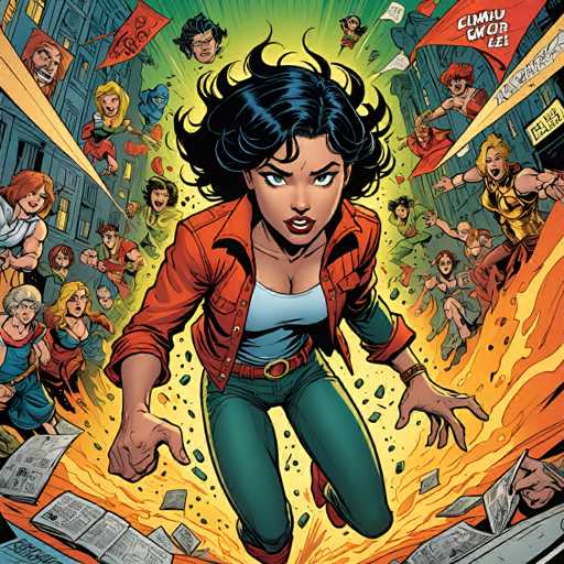 This is a vibrant and dynamic comic book illustration! Here's a breakdown of what makes it so striking:

**Central Figure:** The main character, a woman with dark curly hair and determined expression, is the focal point. Her dynamic pose – lunging forward with outstretched hands – conveys a sense of urgency and action. She's wearing a red jacket, teal pants, and a light blue top, which are classic superhero colors.

**Action & Energy:** The illustration is bursting with energy! 
* **Exploding Newspaper:** A large burst of newspaper is erupting from the ground, suggesting a sudden event or explosion. 
* **Dynamic Poses:** The surrounding characters are in various action poses, some leaping, others flying, all contributing to the overall sense of chaos and movement.
* **Speed Lines:** The streaks emanating from the central figure emphasize her speed and momentum.

**Background & Setting:** 
* **Urban Environment:** The scene takes place in a bustling city, with buildings and street signs visible. 
* **Crowd of People:** A large crowd of people is depicted, some cheering, others looking surprised or concerned. 
* **Comic Book Style:** The illustration is clearly in a comic book style, with bold lines, dynamic perspective, and vibrant colors.

**Overall Impression:** The image is a powerful depiction of action and heroism. It's visually engaging, full of energy, and captures the excitement of a superhero story. 

**If you'd like to explore more, tell me:**
* **What kind of story do you think this image is from?** (e.g., superhero comic, fantasy, sci-fi)
* **What details are you most interested in?** (e.g., the character's powers, the setting, the story behind the scene) 
* **Do you have any specific questions about the image?**