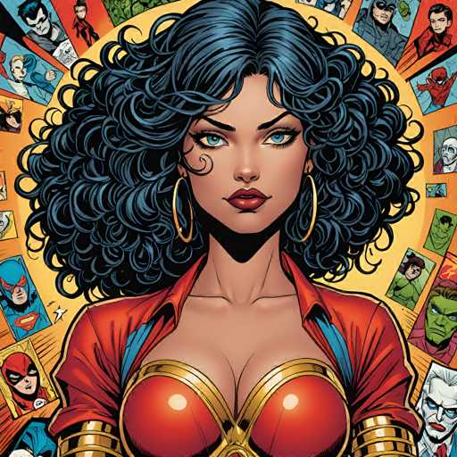 A close-up, full-body illustration of a woman with voluminous, dark blue curly hair and striking blue eyes. She's wearing a red superhero costume with gold accents, including a prominent golden breastplate and gold shoulder armor. Her expression is confident and direct, looking straight at the viewer with a slight smirk. She's adorned with large gold hoop earrings and has bold red lipstick. The background is a vibrant, circular design filled with various comic book character portraits in different poses and styles. The overall style is reminiscent of a modern superhero comic book illustration, with strong lines and bold colors.
