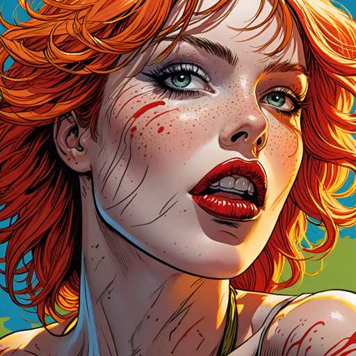 The image depicts an orange-haired woman with red lipstick and green eyes looking directly at the camera. The background is a vibrant blue color that contrasts with her hair color, making it stand out. There are no other objects or text present in the image.