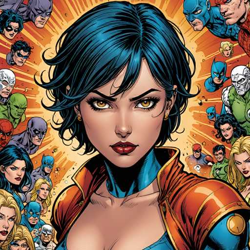 A close-up, full-body illustration of a woman with short, vibrant blue hair and piercing golden eyes. She's wearing a futuristic-looking orange jacket with blue accents, and her expression is intense and determined. The background is a dynamic explosion of various superhero faces from different comic book universes, all radiating outwards in a golden aura. The overall style is highly detailed and reminiscent of comic book art, with bold lines and vibrant colors.