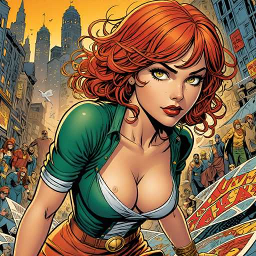 A vibrant, dynamic comic book illustration featuring a determined female superhero with fiery red curly hair. She's wearing a green collared shirt, a white undershirt with a red trim, and orange pants. Her expression is intense, looking directly at the viewer with sharp, green eyes. She's positioned in a bustling city street scene filled with people holding newspapers and looking upwards, suggesting a moment of excitement or urgency. The background features tall city buildings with a warm, golden-orange sky and some stylized speech bubbles adding to the energetic atmosphere. The overall style is detailed and graphic, typical of comic book art.