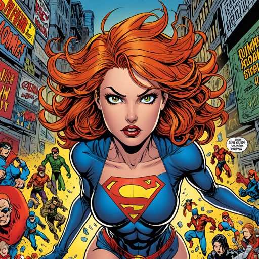 The image depicts a woman with vibrant orange hair and blue armor, wearing a Superwoman costume, surrounded by other characters from the comic book series "The Flash". The setting is an urban environment filled with buildings and signs.
