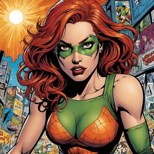 A close-up, dynamic illustration of the character Hawkgirl from DC Comics. She is positioned in a slightly low-angle, looking directly at the viewer with a determined and intense expression. Her vibrant red hair is voluminous and curly, framing her face. She wears a green and orange costume with a distinctive eagle-themed design on the chest, and her eyes are protected by a green mask. The background is a chaotic collage of comic book panels, suggesting a dynamic and action-packed environment. A bright sunburst emanates from the top left corner, adding a dramatic and energetic feel to the image. The overall style is that of a modern comic book illustration, with bold lines and vibrant colors.