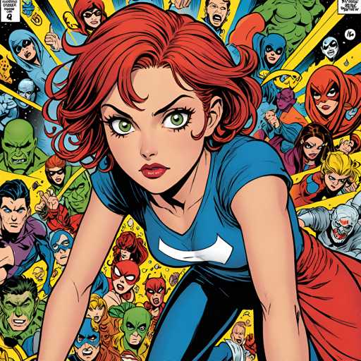 The image is a vibrant and colorful comic book cover featuring a woman with red hair wearing a blue shirt and black pants. The background of the cover is filled with various characters from different comic books, including a green alien, a blue-skinned man, and a red-haired woman.