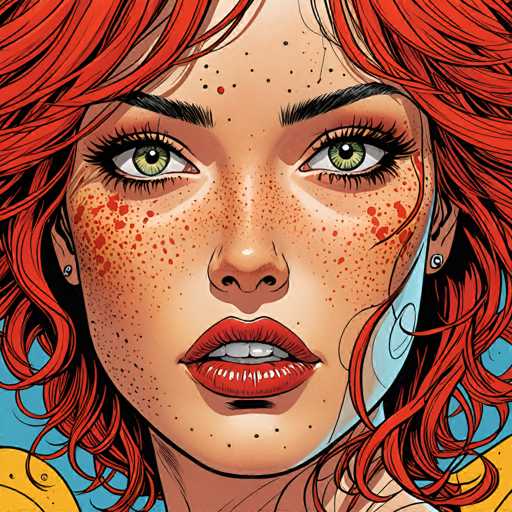 A close-up, digital illustration of a woman's face. She has vibrant, curly red hair with freckles scattered across her nose and cheeks. Her eyes are a striking green, framed by dark eyelashes. She has full, red lips and a slightly upturned nose. The background is a bright blue with a yellow circular design, possibly suggesting a stylized sun or abstract element. The overall style is detailed and graphic, with bold lines and vibrant colors.