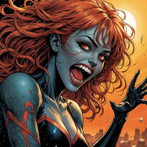 The image depicts an illustration of a woman with vibrant red hair and striking blue eyes. She is wearing a black outfit that contrasts with her fiery appearance. The background features a cityscape with buildings and trees, suggesting the setting could be a bustling urban environment or a serene natural landscape.