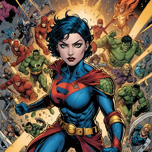 The image depicts a woman with blue hair and a red cape standing in the center of a comic book-style scene featuring various superheroes and villains. The background is filled with explosions and bright lights, creating an intense atmosphere.