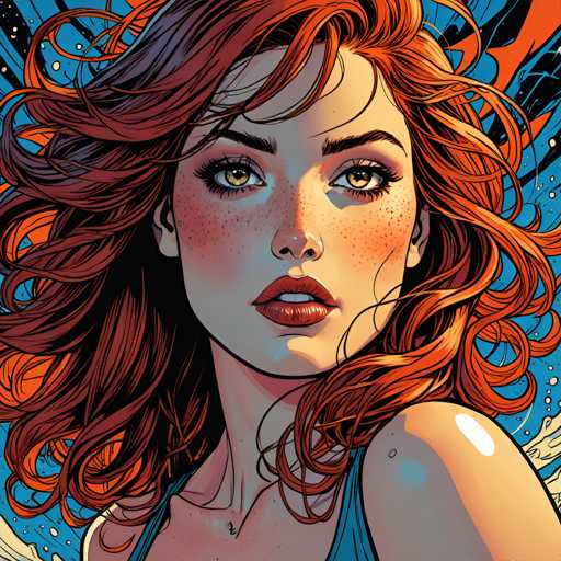 The image depicts an orange-haired woman with red eyes and a nose stud, wearing a blue tank top against a vibrant blue background adorned with black and white swirls.