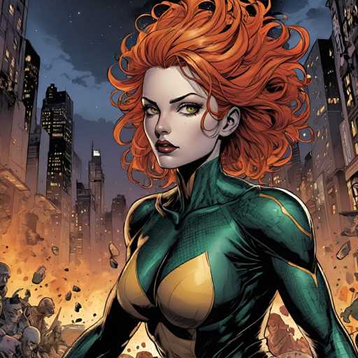 A detailed, dynamic digital painting of a superheroine in a sleek, dark green and gold suit, with vibrant orange, curly hair. She's positioned in the foreground, looking directly at the viewer with a determined expression. The background depicts a chaotic urban scene – a city under attack, with buildings crumbling and debris flying in the air. The sky is a dark, stormy blue with hints of orange from explosions. 

The superheroine's suit has a textured, almost scale-like pattern in the green sections and features a prominent gold emblem on her chest. Her eyes are a striking emerald green, contrasting with the dark suit and background. She's holding a weapon (not fully visible) in her right hand, poised for action. 

The overall style is reminiscent of comic book art, with bold lines and dramatic lighting. The focus is on the superheroine's powerful presence amidst the destruction, conveying a sense of strength and resilience.