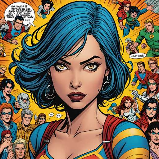 The image is a vibrant comic book cover featuring a woman with blue hair and a red shirt. The background of the cover is filled with various characters from different comic books, including Superman, Batman, and Wonder Woman. The artist's signature can be seen in the bottom right corner of the cover.