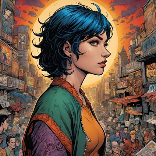 The image depicts a woman with blue hair and an orange shirt standing in the center of a bustling city scene. The background is filled with various buildings and signs, creating a sense of urban life. The colors used are predominantly red, orange, green, and black, which contribute to the overall atmosphere of the illustration.