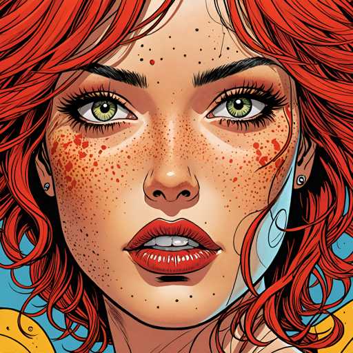 The image depicts a woman with vibrant red hair and freckles on her face. She is wearing a bright red lipstick that contrasts with the blue background of the illustration. The woman's eyes are wide open, giving an impression of surprise or excitement.