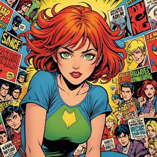 The image is a vibrant and colorful comic book cover featuring an orange-haired girl with green eyes as the central figure. She is wearing a blue shirt adorned with a yellow star on her chest. The background of the cover is filled with various characters from different comic books, including a Batman character, a Spiderman character, and a character named "Sally".