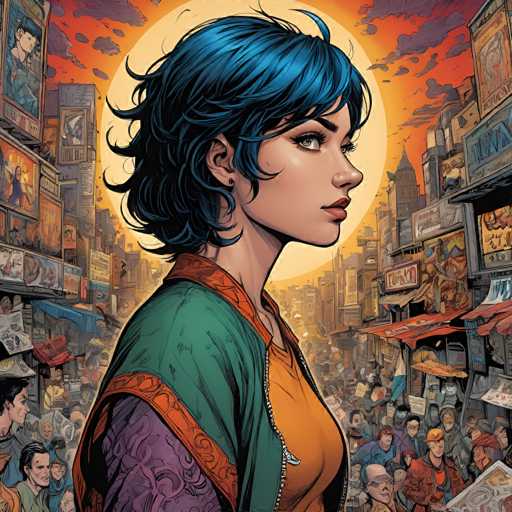 A detailed, vibrant digital painting in a comic book style depicts a young woman with striking blue hair standing in the center of a bustling, fantastical marketplace. She is facing slightly to the right, her gaze directed towards a large, stylized sun that dominates the background. The woman is wearing a vibrant orange jacket with an emerald green outer layer, and a purple patterned inner garment peeking out. Her expression is contemplative, with her lips slightly parted.

The marketplace is incredibly detailed and overflowing with a diverse crowd of people, all rendered in a similar comic book aesthetic. Numerous stalls line the scene, each displaying various goods and featuring bold signage in a mix of languages. The architecture is fantastical, with tall buildings reaching towards the sky and intricate details visible on their facades. 

The overall color palette is warm, with oranges, yellows, and reds dominating the sky and marketplace structures. The woman's blue hair provides a cool contrast to the warm tones, making her stand out as the focal point. The lighting is dramatic, with the sun casting a warm glow on the scene and highlighting the woman's features. The style is highly detailed, with a focus on dynamic lines and textures to create a sense of depth and energy. The overall mood is one of vibrant activity, cultural richness, and perhaps a touch of mystery.