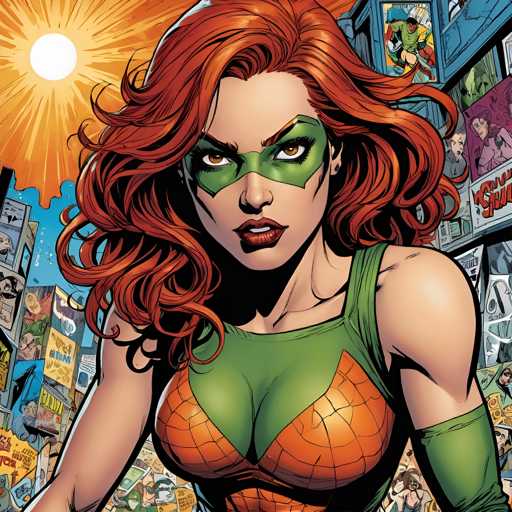 The image depicts a woman with vibrant red hair and green eyes wearing an orange tank top and green pants. She is standing against a backdrop of various comic book illustrations, including one featuring a character from the Marvel Comics universe. The sun is shining brightly in the background, casting light on the scene and highlighting the colors of the woman's outfit.