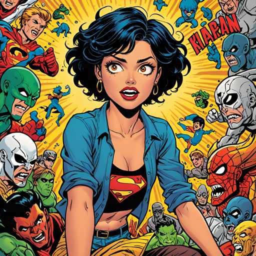 The image depicts a woman with blue hair and a black shirt, surrounded by various characters from comic books such as Spiderman, Green Goblin, and Batman. The background is filled with bright yellow rays of light, creating a vibrant and energetic atmosphere.