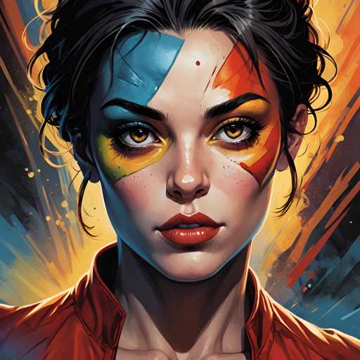 The image shows a close-up portrait of a woman with striking blue and red makeup on her face. The background is a vibrant mix of orange and yellow splatters, creating an abstract backdrop that contrasts with the woman's colorful appearance. The woman has dark hair styled in loose curls, adding to the overall dramatic effect of the scene.