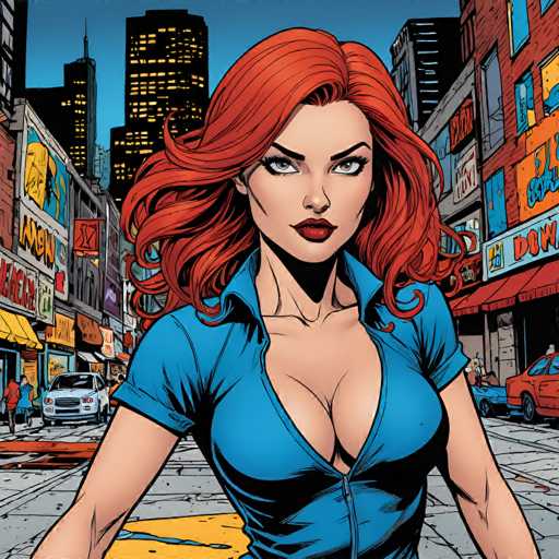A woman with vibrant red, voluminous hair and piercing green eyes stands confidently in the center of a bustling city street. She's wearing a bright blue, short-sleeved shirt with a zipper down the front and has a determined expression on her face. The background is a dynamic cityscape with tall buildings, neon signs, and a vibrant street scene suggesting an urban environment. The overall style is reminiscent of comic book art, with bold lines and a focus on character design.
