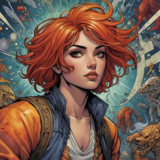 The image depicts an orange-haired woman with a blue jacket and backpack standing in front of a group of animals, including a lion and a tiger. The background is filled with various elements such as a blue sky, clouds, and other animals.