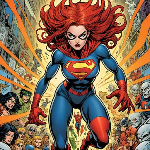 A dynamic, full-body illustration of Supergirl in a powerful pose. She's wearing her iconic blue and red suit with the prominent yellow "S" shield on her chest. Her long, flowing red hair is dramatically windswept, and she's looking directly at the viewer with a determined expression. Her red gloves are extended as if in motion, and her stance suggests she's leaping forward or charging. 

The background is a vibrant explosion of comic book energy, with numerous smaller figures and panels surrounding her. These figures are diverse in appearance and seem to be reacting to Supergirl's presence, some looking up with awe or excitement. The overall color palette is bold and bright, emphasizing the superhero's heroic nature. 

The lighting is dramatic, with a strong light source illuminating Supergirl from the front, highlighting her form and emphasizing the dynamic action. The style is clearly comic book-inspired, with bold lines and a sense of motion.