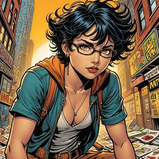 The image depicts a woman with short dark hair wearing glasses and a backpack, standing on a street surrounded by buildings and signs. The colors used in the illustration are predominantly blue, green, and orange, creating an urban atmosphere.