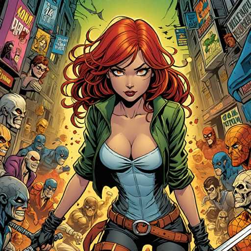 A vibrant, dynamic comic book illustration featuring a powerful female superhero with fiery red hair and intense eyes. She's positioned in the center, facing forward with a determined expression, her arms slightly outstretched as if ready for action. She's wearing a teal and black bodysuit with a green jacket, dark pants, and black gloves. A prominent belt buckle features a stylized emblem. 

The background is a chaotic, bustling city street scene filled with various villains and monstrous figures in the distance. The overall color palette is bold, with bright reds, blues, greens, and oranges dominating the scene. The style is highly detailed, typical of comic book art, with dynamic lines and a sense of motion. The lighting is dramatic, highlighting the central figure while casting shadows on the surrounding characters.