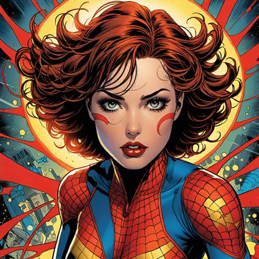 A detailed, vibrant digital painting of Spider-Woman (Jessica Drew) in a dynamic, close-up portrait. She is wearing her iconic red and blue Spider-Man suit with a gold spider emblem on the chest. Her hair is voluminous, curly, and a rich auburn color, framing her face with a confident, slightly intense expression. Her eyes are striking and have a captivating gaze. 

The background is a burst of energy, with swirling red and blue lines radiating outwards from behind her head. There are also stylized comic book elements like yellow dots and a circular aura surrounding her, suggesting power or energy. The overall style is highly detailed and reminiscent of modern comic book art, with strong highlights and shadows that give the image depth. The lighting is dramatic, emphasizing her face and costume with a bright glow emanating from behind.