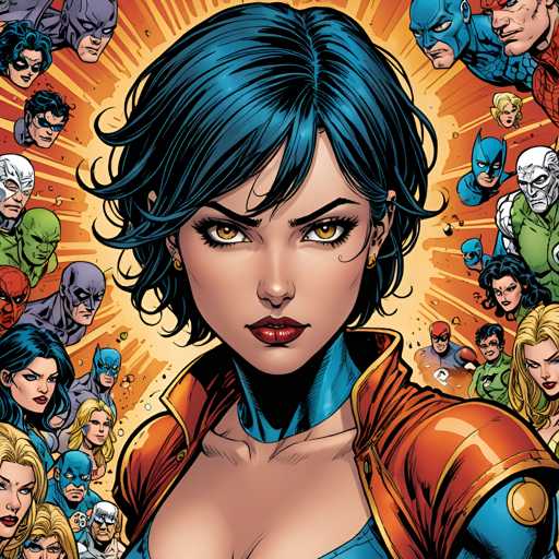 The image depicts a woman with blue hair and an orange jacket standing in front of a vibrant explosion of colors, including the faces of various characters from comic books such as Batman, Superman, and Wonder Woman. The background is filled with these characters' heads, creating a sense of depth and complexity to the scene.