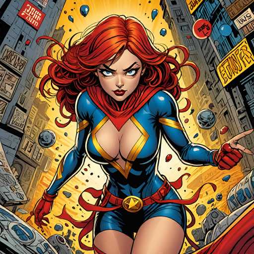 A dynamic, comic-book style illustration of a superheroine with vibrant red hair and a determined expression. She's clad in a sleek, blue and gold superhero suit with red accents, posed mid-action amidst a chaotic cityscape. The background is filled with floating debris and energy effects, suggesting she's in the midst of a powerful attack. Her pose is confident and ready for action, with one hand outstretched as if directing or preparing to unleash a power. The overall color palette is bold and energetic, emphasizing the superhero's strength and determination.