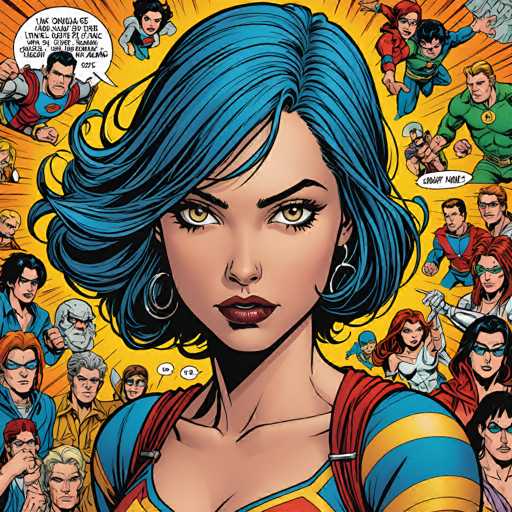 A close-up, full-body illustration of Supergirl from the DC Comics universe. She is positioned in the center of the frame, facing directly towards the viewer with a confident and intense gaze. Her blue hair is styled in a voluminous, slightly wavy fashion, framing her face. She wears a vibrant blue and red superhero costume with yellow stripes on the shoulders and a prominent red and yellow emblem on her chest. Large, silver hoop earrings adorn her ears. Her makeup is bold, with dark eyeliner and red lipstick accentuating her features. 

The background is a dynamic explosion of other DC superheroes, all in various poses and expressions, suggesting a chaotic or action-packed scene. Speech bubbles surround the characters, adding to the sense of energy and dialogue. The overall color palette is bright and bold, with a focus on vibrant blues, reds, yellows, and greens. The style is reminiscent of comic book art, with strong lines and dynamic shading to convey depth and movement.