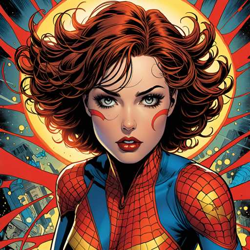 The image is a vibrant and colorful illustration featuring a woman with striking red hair styled in loose curls. She is wearing a spiderman costume that includes a blue bodysuit with gold accents, a red skirt, and a yellow headband. The background of the image is a mix of red and orange hues, creating an abstract pattern reminiscent of a starburst effect.