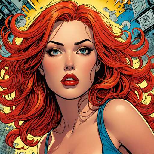 A vibrant, detailed digital painting of a woman with fiery red, voluminous hair cascading around her face. Her eyes are a striking blue, and she has a confident, slightly intense expression. She's wearing a bright blue top with a textured design and has a subtle, stylized background featuring a cityscape with dynamic lines and bursts of energy. The overall style is reminiscent of comic book art, with bold outlines and a focus on dramatic lighting.