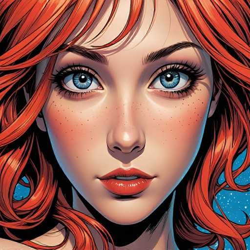 A close-up, full-body portrait of a young woman with vibrant red hair and striking blue eyes. Her face is detailed, showcasing freckles across her nose and cheeks. She has full lips painted a glossy red, with long, dark eyelashes framing her eyes. The background is a deep blue, suggesting a starry night sky. The overall style is digital art with a slightly painterly texture, emphasizing the woman's expressive gaze.