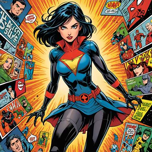 The image depicts a woman with blue hair and a red star on her chest, dressed as Wonder Woman from the comic book series "The Amazing Spider-Man". She is standing against a backdrop of various comic book characters. The colors in the image are predominantly blue, red, and yellow, creating a vibrant and energetic atmosphere.