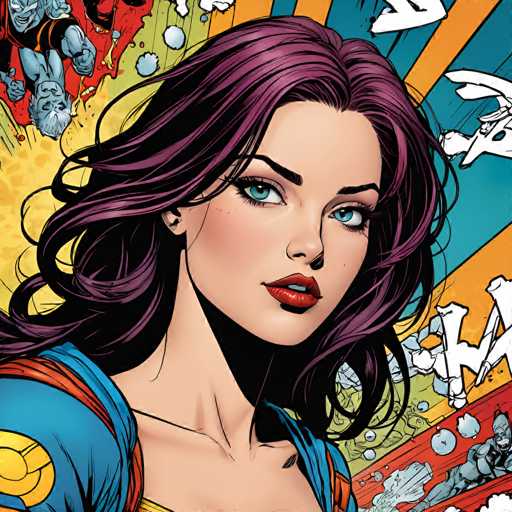 A close-up, full-body illustration of a woman with long, wavy purple hair and piercing blue eyes. She's wearing a vibrant superhero costume with a yellow and blue design, featuring a prominent circular emblem on her chest. Her expression is intense and direct, looking towards the viewer with a slightly serious or determined gaze. The background is a dynamic explosion of comic book-style energy, with bursts of color and motion lines suggesting action. The overall style is reminiscent of modern comic book art, with bold lines and a focus on character expression.