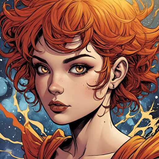 A digital painting of a young woman with vibrant, curly orange hair and striking amber eyes. She has fair skin adorned with freckles and wears a dark, possibly black or deep purple, garment. The background is a swirling mix of blue and white nebulous patterns with streaks of orange energy, suggesting a cosmic or fantastical setting. The overall style is reminiscent of anime or manga art, with bold lines and a focus on expressive features. The lighting appears to be soft and diffused, highlighting the woman's face and hair.