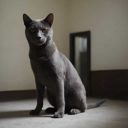 A gray cat sits on a concrete floor with its front paws resting on the ground and its hind legs stretched out behind it. The cat's eyes are focused directly at the camera, giving an impression of alertness and curiosity. In the background, there is a white door that appears to be part of a larger room or building structure.