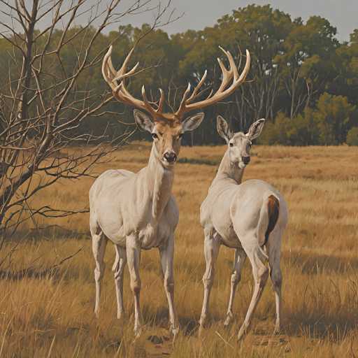 A painting of two deer, one male with a large set of antlers and a female, standing in a field of tall, dry grass. The deer are facing the viewer with their heads turned slightly to the side, looking alert and watchful. The background is a soft, hazy landscape with trees in muted greens and browns. The overall style of the painting is realistic, with a focus on texture and light.