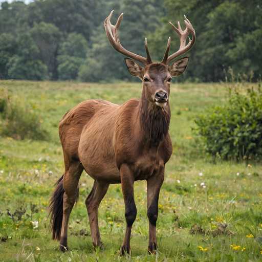 A majestic red deer stag stands proudly in a lush, green meadow. The stag is the focal point of the image, positioned centrally and looking directly at the viewer with a calm yet alert expression. Its thick, reddish-brown coat is partially covered in dew, reflecting the soft light of the overcast day. 

The stag's impressive antlers are a prominent feature, branching out in a complex pattern that suggests maturity. The background is blurred, creating a shallow depth of field that emphasizes the stag's presence. 

The meadow is filled with wildflowers, adding pops of yellow and white to the scene. The overall atmosphere is serene and peaceful, capturing the beauty of nature in a single, captivating moment.