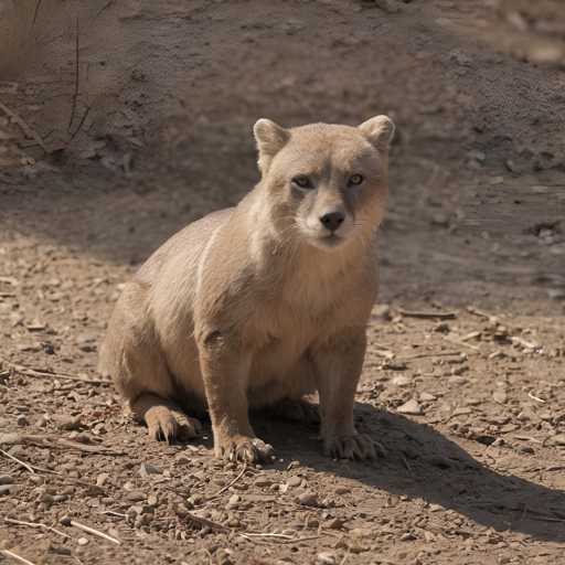 A brown bear sits on a rocky outcropping with its front paws resting on the ground and its hind legs stretched out behind it. The bear's fur is a light brown color that contrasts with the darker rocks beneath it.