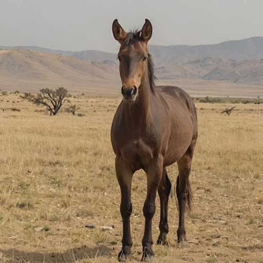 A beautiful, brown horse stands in a vast, dry grassland. The horse is facing the viewer directly, its head held high with alert ears. Its coat is a rich, warm brown, and the mane and tail are dark. The background features rolling, dry hills in the distance under a pale sky. A lone, sparse tree stands on the left side of the frame, adding to the desolate yet serene landscape. The overall lighting suggests it's either early morning or late afternoon, casting a soft light on the scene. The horse appears calm and majestic in its natural environment.