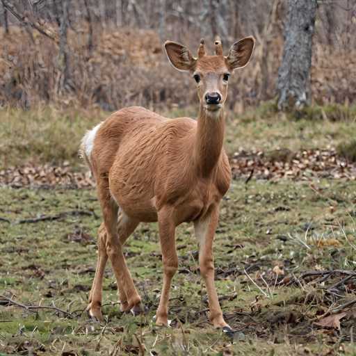 A young deer stands in a natural setting. The deer is reddish-brown with a white patch on its rump and white markings on its legs. It has large, upright ears and a small, delicate antler structure. The deer is looking directly at the viewer with its dark eyes. 

The background is a soft, blurred landscape of trees and fallen leaves, suggesting an autumnal setting. The ground is covered in a mix of grass, twigs, and fallen leaves, with patches of moss visible. The lighting is soft and natural, casting a gentle glow on the deer's coat. 

The overall impression is one of tranquility and natural beauty, capturing a moment in the life of this young animal.