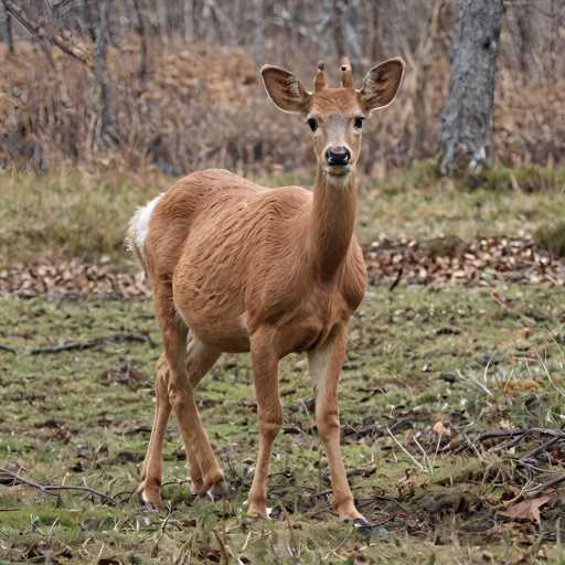 A brown deer with white spots stands on a grassy area surrounded by trees and bushes.